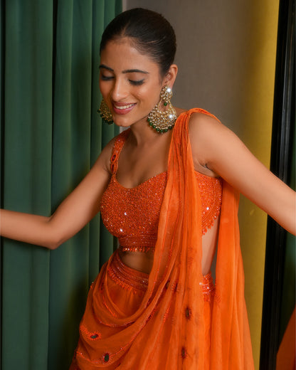 ORANGE CRUSHED LEHENGA SET